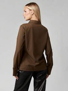 MISSGUIDED Camisa de popelina con detalle de hebilla en la parte delantera, de manga larga y cuello clásico para uso casual en la oficina - Marrón - Ver 2