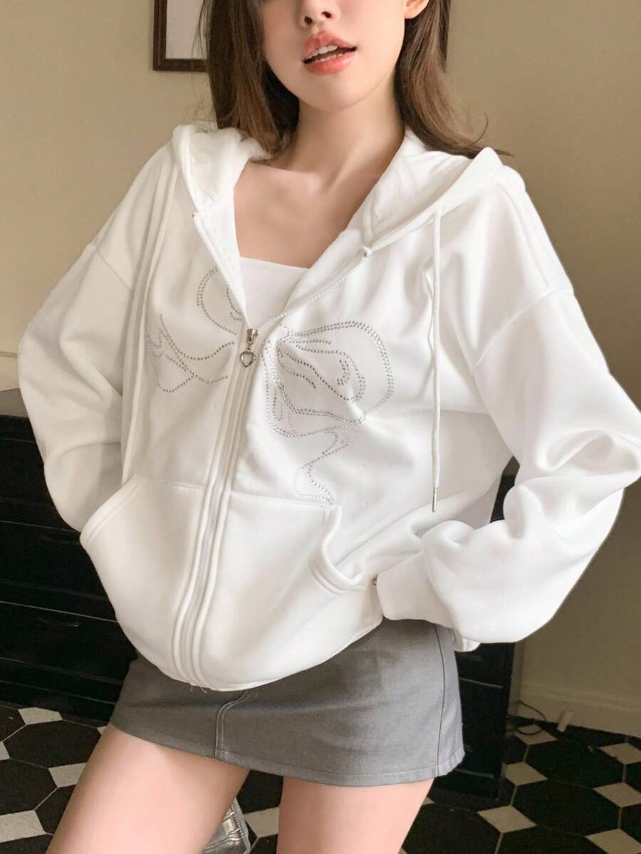 DAZY 女士水钻蝴蝶结连帽长袖卫衣，秋季服装外套拉链款 Y2k - 白色 - 查看 1