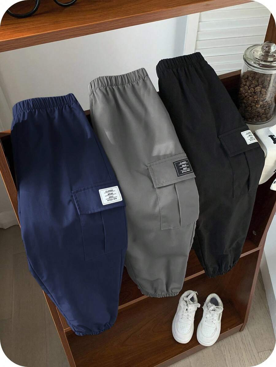 SHEIN 3件套男童休闲运动街头风宽松裤套装，抽绳踝裤，适合日常穿着、上学、旅行、运动，四季皆宜，青少年男童工作裤，秋冬季时尚百搭。