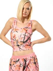 SUMWON WOMEN Áo ba lỗ họa tiết rừng mùa thu họa tiết cành cây rừng thiên nhiên không tay - Hồng - Xem 4