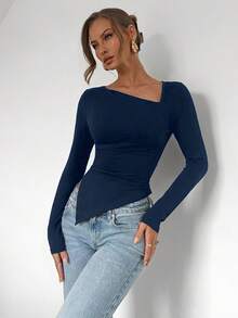 RosyDaze Camiseta de manga comprida com bainha assimétrica e cor sólida, moda minimalista para uso diário casual, blusa básica de manga comprida, blusa preta de manga comprida, blusa feminina de manga comprida, blusa preta de manga comprida