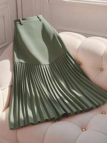 SHEIN Clasi 女士优雅褶饰不对称下摆浪漫半身裙 - 軍綠色 - 查看 3