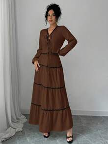 Rafferiza 2件套法式优雅灯笼袖荷叶边蝴蝶结上衣和裙子套装 - 巧克力棕 - 查看 6