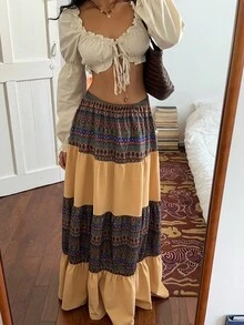 Sunnyshic Beige,Summer,Boho,Picnic,Holiday Pattern Retro Print Patchwork Low Waist Layered Ruffle Hem A-Line Maxi Skirt,Vintage Elegant Hippie Long Skirt Women - Multicolor - View 5