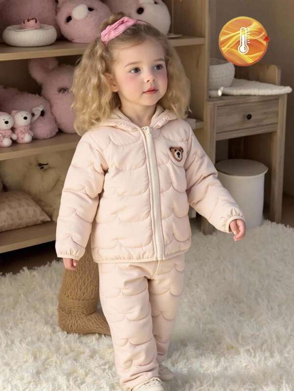 SHEIN 2 件女婴连帽夹克，拉链开合，加厚，毛绒熊耳朵兜帽设计，熊图案，配套裤子，适合 0-3 岁，绗缝，轻盈蓬松，触感柔软，适合户外活动、家庭聚会、秋冬