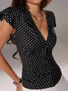 TRNVIE 女式休闲波尔卡圆点印花深V领纽扣衬衫