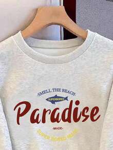 Resyla New Lace Trim Letter Print Crew Neck Hooded Long Sleeve Pullover Sweatshirt For Plus Size Women