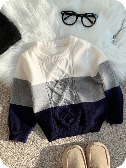 SHEIN Baby/Baby Boy/Girl Colorblock Fleece Lined Crew Neck Long Sleeve Sweater Knit Top, Comfortable Versatile Stylish Everyday Cute Classic Simple Basic, Suitable For Indoor, Outdoor Skiing, Daily Wear, Sports, Play, Party, Photo Shoot, Fall, Autumn, Winter