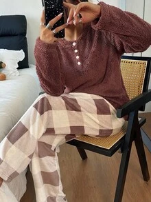 Dream Adore Bộ đồ ngủ nữ mềm mại in họa tiết kẻ caro màu tương phản, trang phục thu đông, trang phục ấm áp - màu nâu - Xem 1