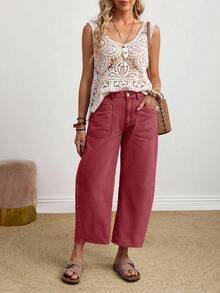 EMERY ROSE Quần jeans ống loe rách cỡ lớn - Màu Đỏ Sâu - Xem 5