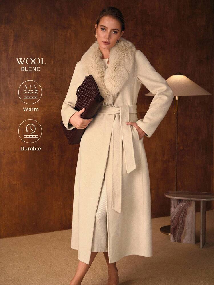WOOL FUZZY COLLAR BELTED OVERCOAT