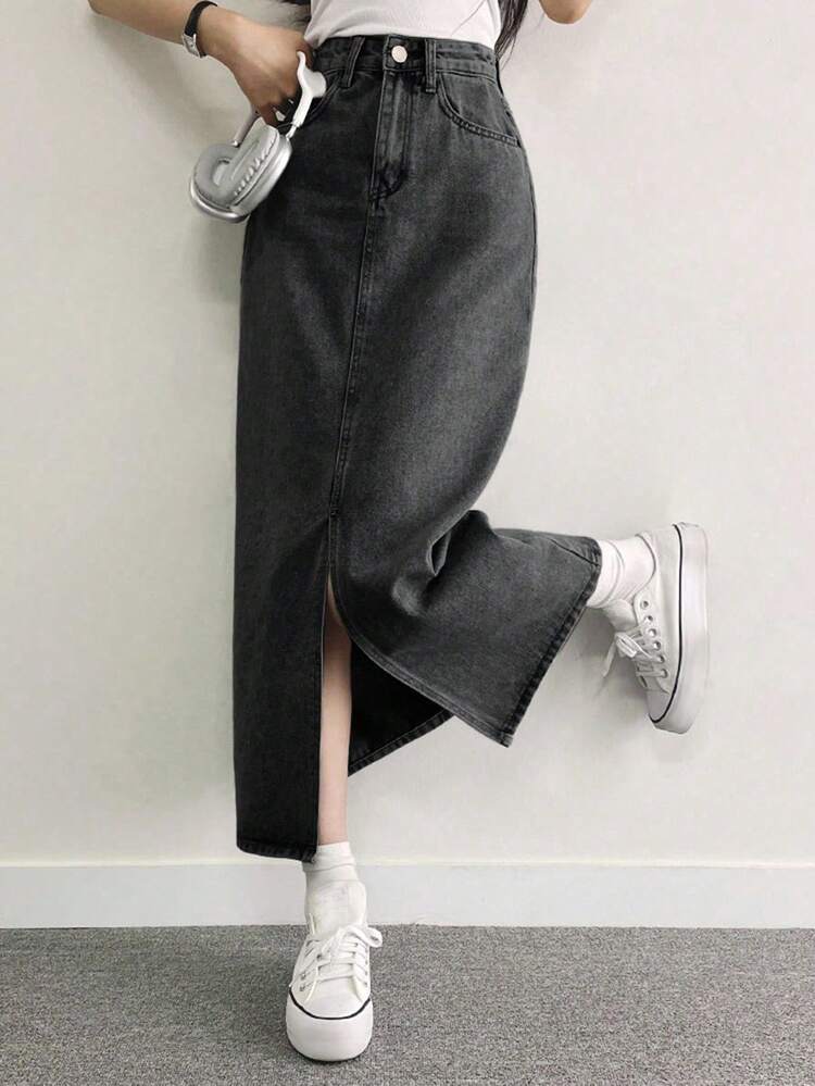 Women's Simple Slit Casual Denim Skirt For Daily Wear Jeans Skirt