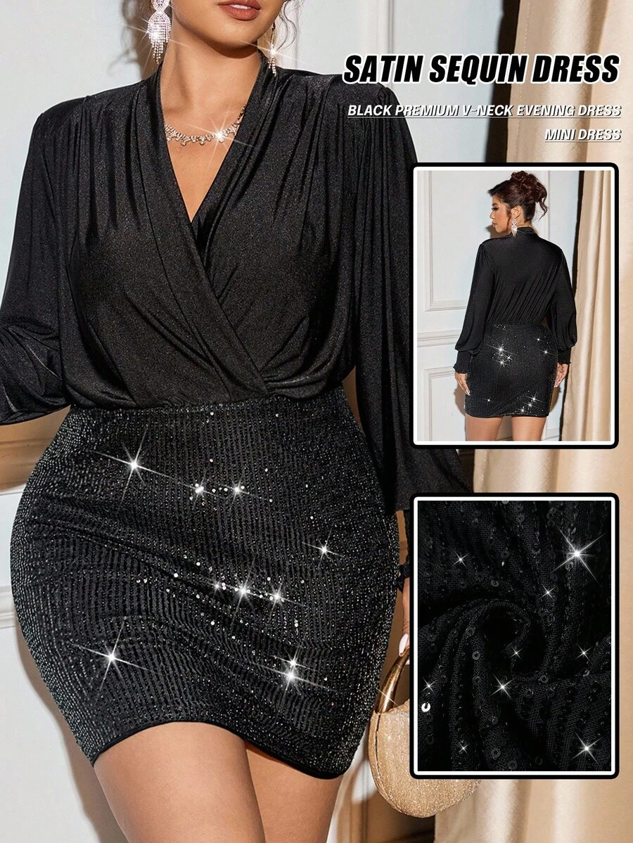Cravure Christmas Never Out Of Style: Gothic Prep With A Wednesday Twist. Embrace Your Inner Shadow Dark Feminine Fashion. Plus Size Women's Elegant Party Black Satin Sequin Midi Dress, Chic For Work And Party - Black - View 1