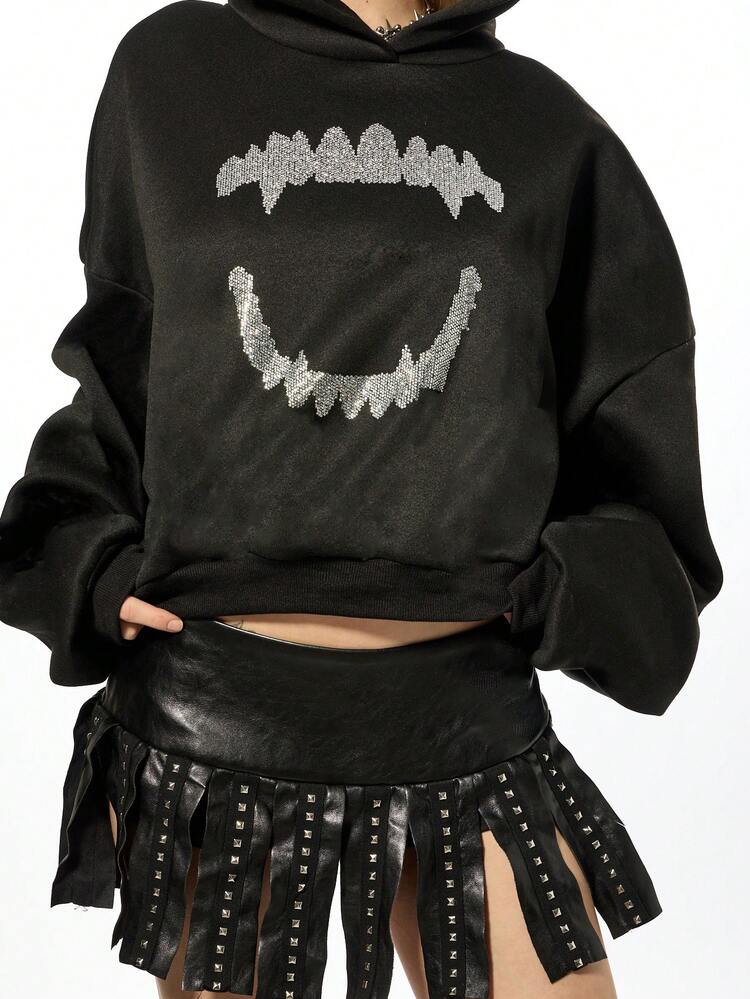 SUMWON WOMEN Rhinestone Monster Fang Hoodie With Sparkle Teeth
