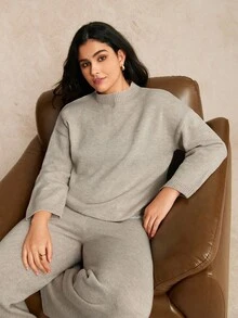 EMERY ROSE 2pcs Plus Size Solid Color Crew Neck Long Sleeve Sweater And Pants Set, Casual Knit Suit - Khaki - View 5