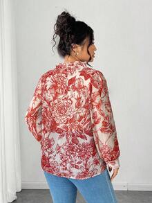 Elenzga 大码全身印花中式领优雅长袖衬衫 - 紅色 - 查看 2