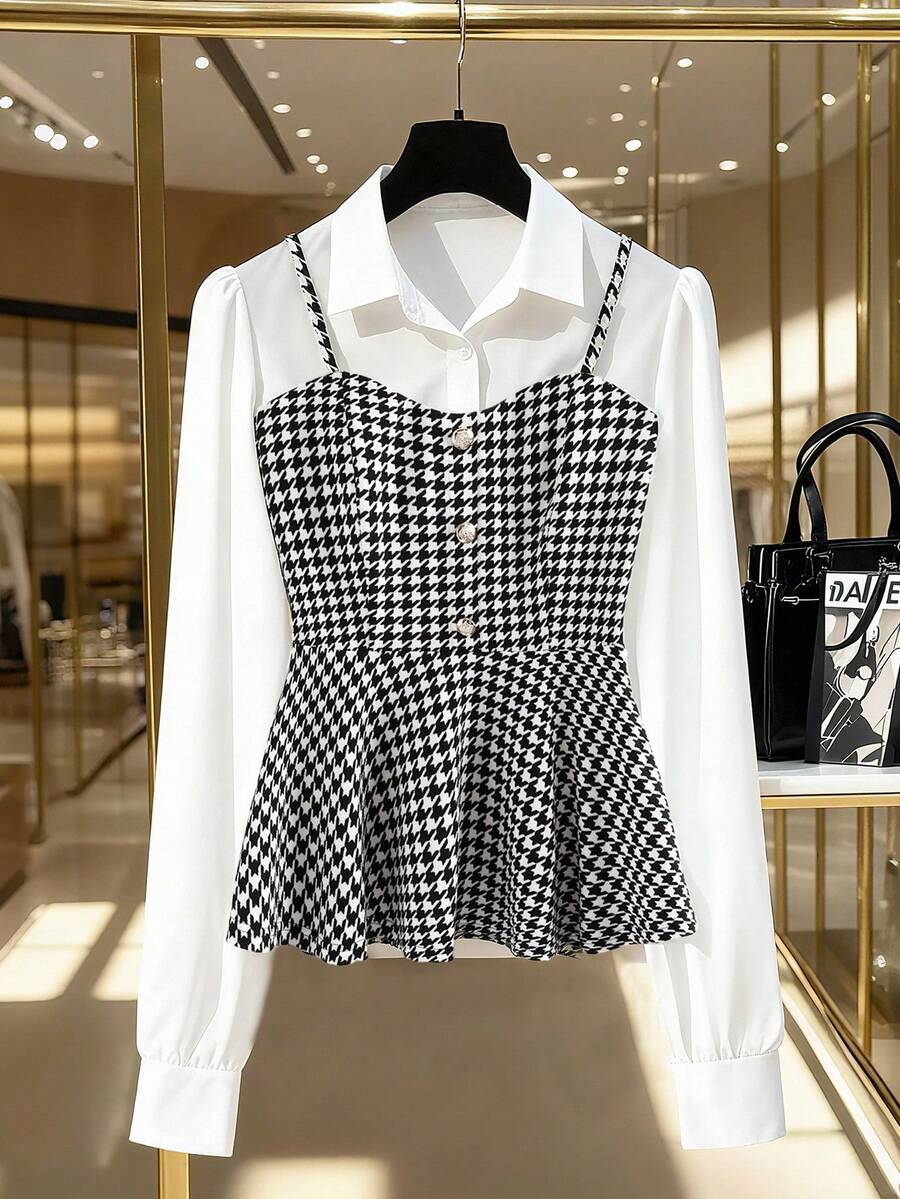 Franclia 秋季女式千鸟格印花长袖衬衫，时尚宽松收腰休闲衬衫