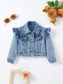 SHEIN 女婴蓝色牛仔翻领长袖短款外套，秋冬季休闲时尚度假装 - 深色水洗藍 - 查看 9