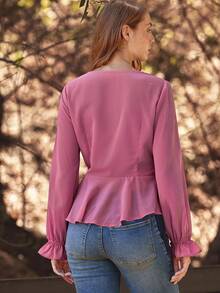 Blusa de manga larga con cuello en V, encaje y lazo delantero, de gasa, para otoño e invierno - Rojo violeta - Ver 2
