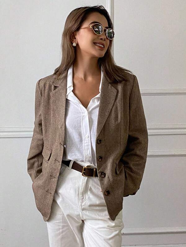 DAZY Classic Herringbone Pattern Loose Lapel Collar Long Sleeve Pocket Casual Vintage Jacket, Women Suit Coat For Autumn/Winter