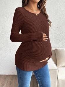 SHEIN Maternity Nursing Casual Solid Color Round Neck Fitted Long Sleeve T-Shirt, Autumn Pregnant Long Sleeve Maternity Top Fall - Coffee Brown - View 6