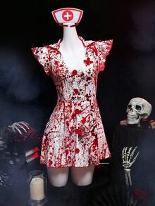 Fantasy Costume 2 件万圣节女式僵尸护士服装，红色和白色 - 紅白色 - 查看 6