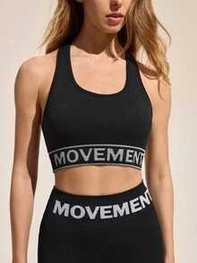 SHEIN Sports Women Letter Knitted Strap Sports Bra For Everyday Workout, Back To School Outfits, Graduation, Back To School, Bras For Daily Wear , Active, Workout, Gym, Padel, Tennis, Pickleball, Boxing - Black - View 5