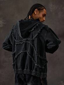 ROMWE MEN Street Life Spring/Summer Casual Graphic Men'S Kpop Fashionable Avant Vintage Frayed Hooded Denim Jacket, Fall - Black - View 3