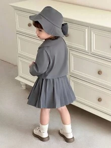 SHEIN 3pcs/Set Baby Girl British Style Grey Jacket Outfit - Double-Breasted Blazer, Pleated Skirt, And Hat Fall Winter - Grey - View 6