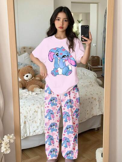 Tween Girls sött rosa hjärtmönster med läppar, tecknad blå kanin Lulu, jul, rosettmönster, höst, tween girl casual minimalistisk rund hals kortärmad shorts pyjamas set, lämplig för sommar-, höstkläder