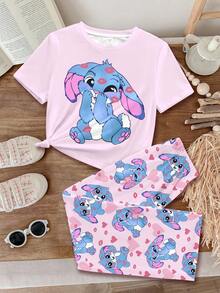 Tween Girls Cute Pink Heart Lip Print, Cartoon Blue Rabbit Lulu, Christmas, Stitch Bow Pattern, Fall, Tween Girl Casual Minimalist Round Neck Short Sleeve Shorts Pajamas Set, Suitable For Summer, Autumn Clothes - Multicolor - View 2