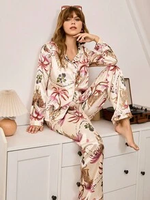 Chillnights 豹纹印花撞色缎面翻领长袖上衣和裤子女士睡衣套装女士真丝睡衣套装女士真丝睡衣套装女士睡衣套装热带睡衣套装女士家居服套装，秋季服装 - 彩色 - 查看 3