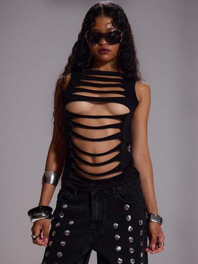 MUSERA Extreme Distressed Slash Longline Vest Top Sexy Going Out Elegant Winter Dystopian Party ,Elegant Holidays, Elegant, Night Out Spring Summer