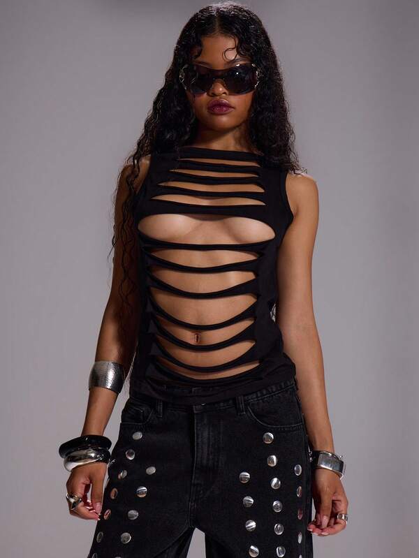 MUSERA Elegante chaleco largo con cortes extremos, sexy para salir, otoño, invierno, fiesta distópica, Navidad