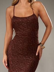 MISSGUIDED 亮片蕾丝晚礼服露背长款修身礼服冬季节日特殊场合礼服闪光派对正式婚礼宾客 - 棕色 - 查看 4