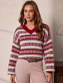 Áo len thường ngày Jacquard nhiều màu kiểu phương Tây dành cho nữ, LanaWest - Đỏ - Xem 4
