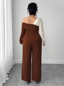Elenzga 2pcs Plus Size Women's Knit & Woven Patchwork Asymmetrical Collar Shirt And Pants Set,White,Autumn,Elegant,Sequin,Dinner Elastic Comfortable Outfits - Brown - View 3