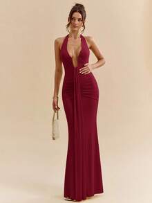 SHEIN BAE 优雅黄色奶油性感深V领连衣裙，黄色连衣裙，优雅长裙，春夏 - 酒紅色 - 查看 5