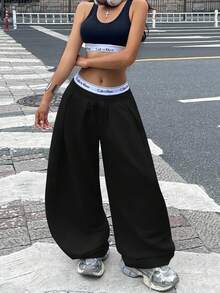 Coolane 女士秋季街头风基本款日常穿搭外出机场休闲黑色低腰宽松香蕉裤 - 黑色 - 查看 2