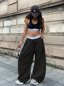 Coolane 女士秋季街头风基本款日常穿搭外出机场休闲黑色低腰宽松香蕉裤 - 黑色 - 查看 5