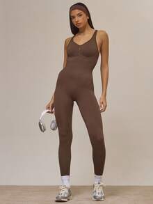Musera Sport Cross Back Seamless Ribbed Sculpt Fitted Jumpsuit Active Sports Workout Cute Cinnamon Swirl Winter - Coffee Brown - View 1