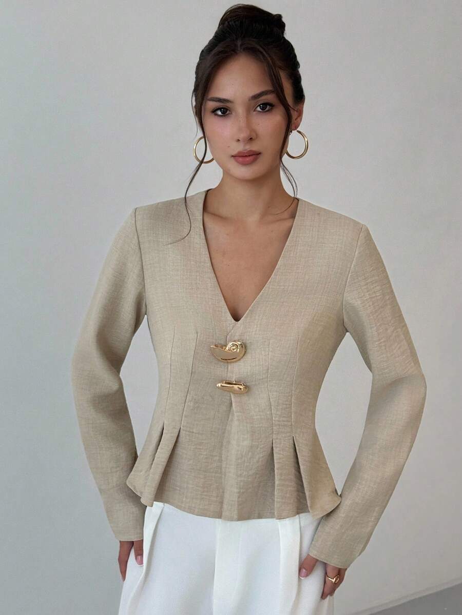 Aloruh Solid Button Front Top - Khaki - View 1