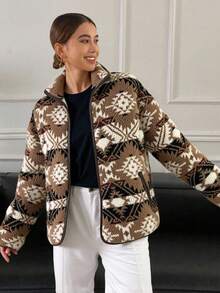 DAZY Women's Loose Casual Geometric Plaid Thermal Lined Jacket, Contrast Color Patchwork, Regular Fit, Suitable For Autumn & Winter