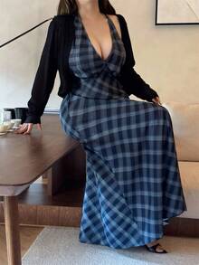 Vibekara Plus Size 2-Piece Set: V-Neck Sleeveless Maxi Dress + Stylish Long Sleeve Cardigan, Plaid Pattern, High-Quality Chic Outfit Low Cut Dress Long Sleeve Long Dress Plaid Dress Women Deep V Dress Plaid Two Piece Set
