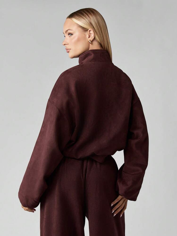 MISSGUIDED Women Suede Crop Jacket Brown Stand Collar Zipper Front Lightweight Outerwear Fall Winter Fashion Casual Streetwear High Neck Elastic Waist Christmas