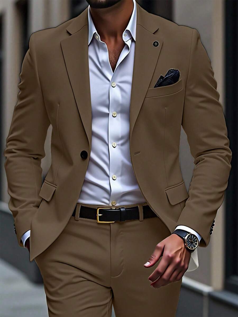 Manfinity Mode Men's Brown Polyester Suit Set Lapel Neckline Long ...