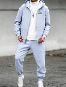 青少年男孩休闲纹理面料连帽运动服套装，适合休闲、上学和外出 - 灰色 - 查看 7