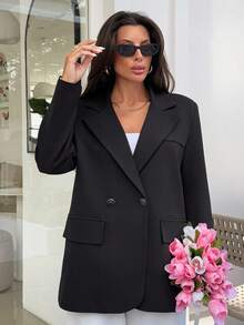 EURMUSE Blazer oversize elegante da donna con bottoni davanti, maniche lunghe, allentato, adatto per pendolarismo, inverno, casual aziendale, elegante, nero, ampio