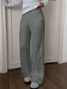 CovetEZ 女士休闲刺绣麻花针织裤，秋冬针织裤灰色裤子舒适阔腿裤 - 灰色 - 查看 3