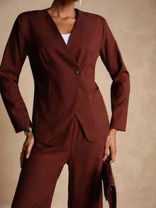 Lyxana Women's Casual Solid Color Single-Button Top & Pants 2 Pieces Set - Brown - View 6